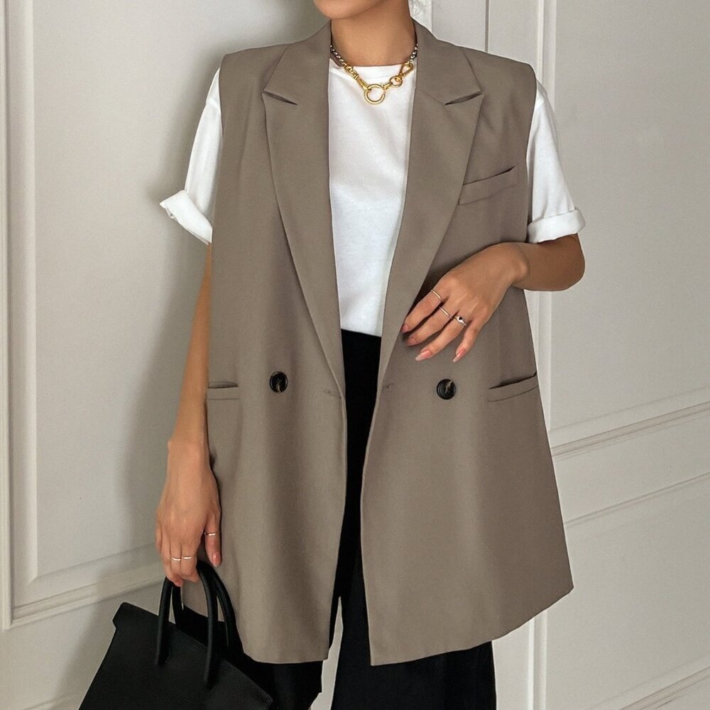 Khaki Casual Women's Double Button Double Pocket Vest Blazer
